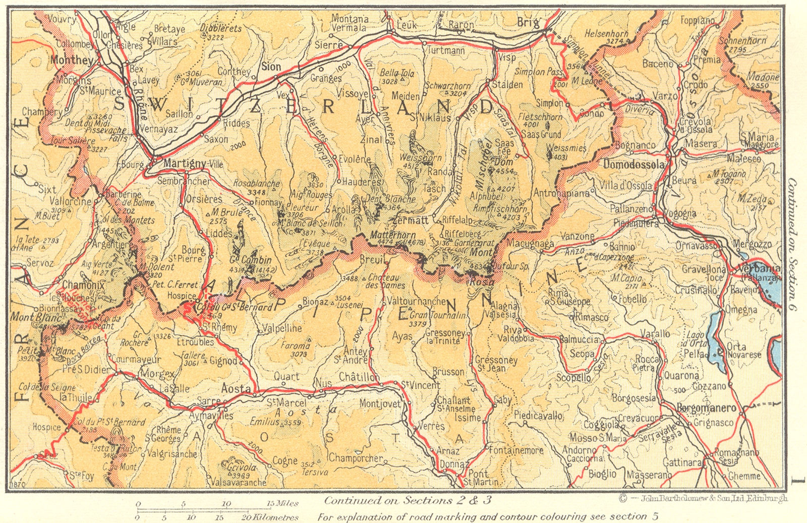 Alpi Pennine Alps. Valais Piedmont Aosta 1960 old vintage map plan chart